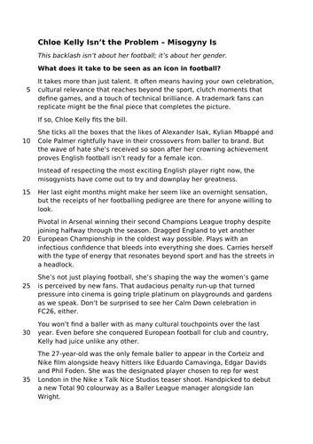 Nat 5 RUAE Own Words Practice Article: Chloe Kelly and Misogyny