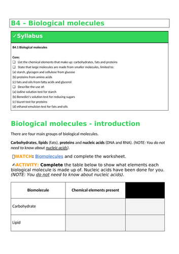B4 Biological molecules (IGCSE Cambridge - Double - Biology)