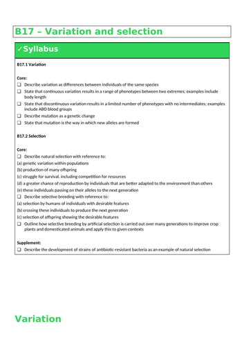 B17 Variation and selection (IGCSE Cambridge - Double - Biology)