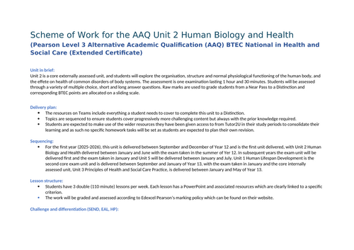 BTEC Level 3 AAQ National Health and Social Care Unit 2: Human Biology ...