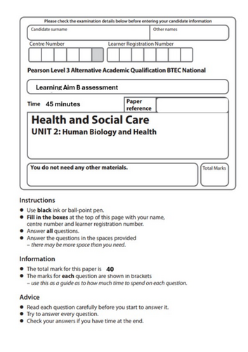 BTEC Level 3 AAQ National Health and Social Care Unit 2: Human Biology ...