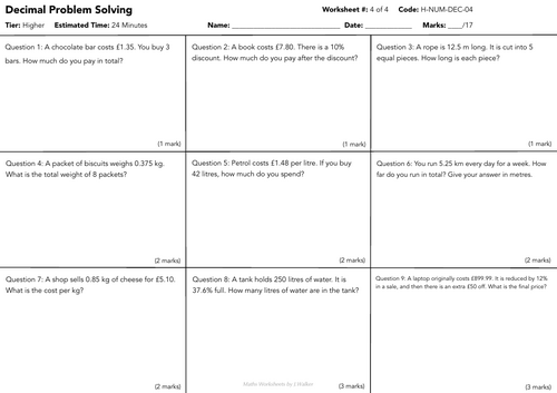 GCSE Maths Worksheet: Decimal Problem Solving - Higher Tier | Teaching ...