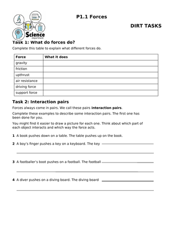 KS3 Year 7 Physics - Forces -End of Topic Test and DIRT Extensions ...