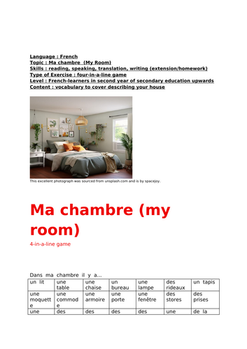 French, ma chambre (my room), 4-in-a-line game