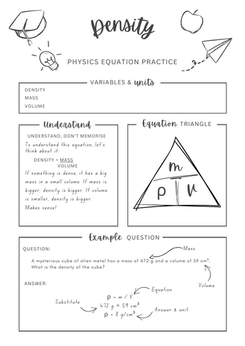 density mass volume - Physics equation worksheet