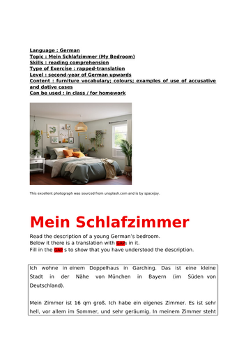 German, Mein Schlafzimmer (My Bedroom), gapped-translation reading comp with writing extension task
