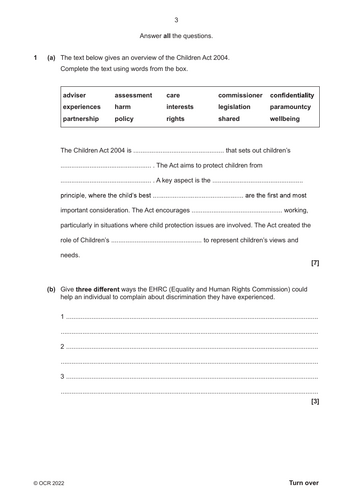 Health and Social Care OCR AAQ F090 Exam Topic 3 Resources | Teaching ...