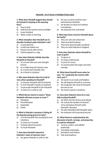 Macbeth - Act 4 Multiple Choice Quizzes