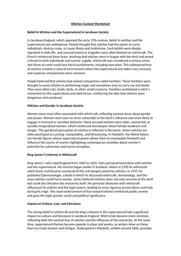 Macbeth - Witches Context Worksheet