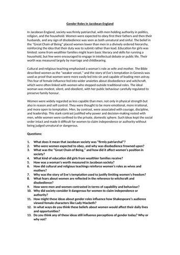 Gender Roles in Jacobean England Worksheet