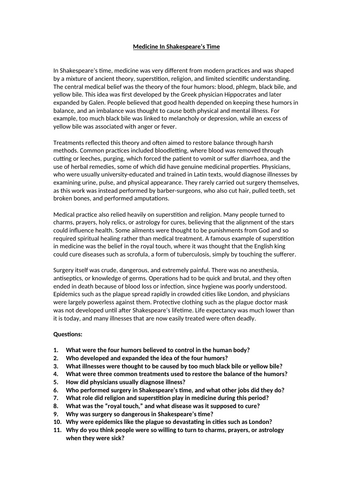 Medicine In Shakespeare’s Time Context Worksheet