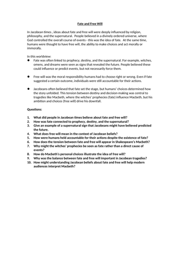 Macbeth - Fate and Free Will Context Worksheet