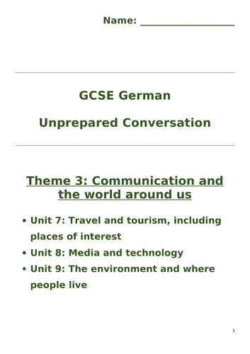New GCSE German (2024) - AQA - Unprepared Conversation Speaking Booklet ...