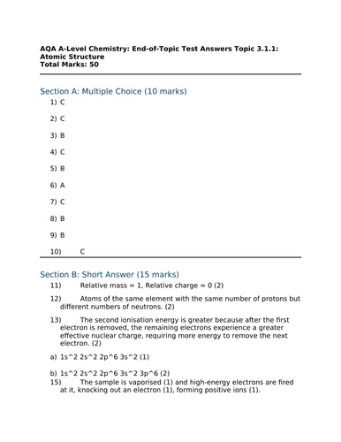 AQA A-Level Chemistry End of Topic Test – 3.1.1 Atomic Structure ...