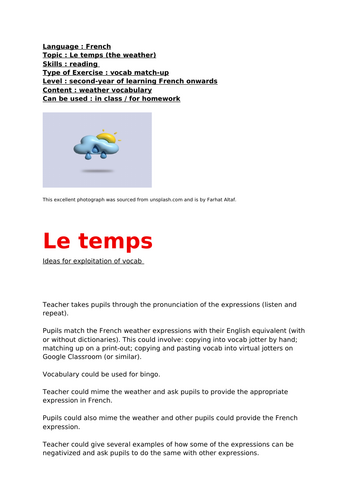 French, le temps (the weather), second year of French upwards