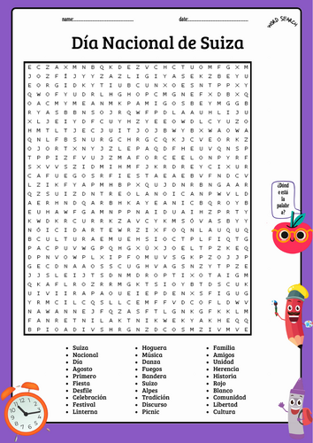 Swiss National Day Word Search Puzzle In Spanish Worksheet | Teaching ...