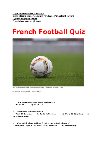 French, Football Quiz, all ages and levels.