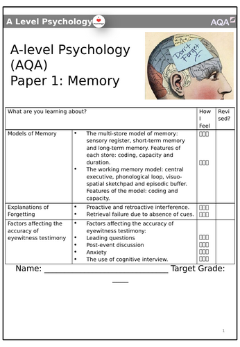 AQA A-level Psychology: Memory Workbook/Booklet