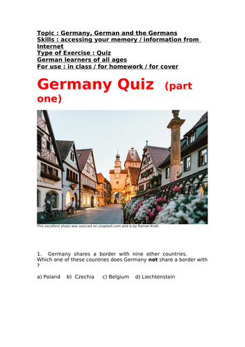 German, Germany Quiz (Part One) for all learners of German