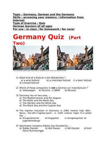 German,  Quiz about Germany, German and the Germans for learners of all ages