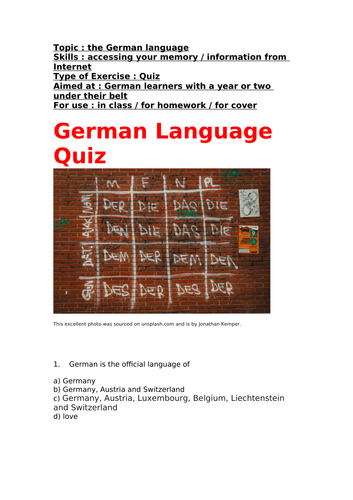German, German Language Quiz, for learners of German with a couple of years under their belt