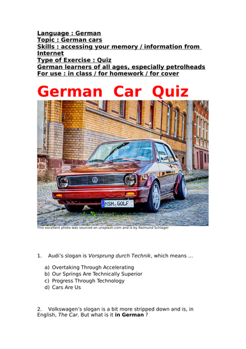 German, German Car Quiz, for all learners of German, especially petrolheads