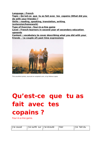 French,  Qu’est-ce  que  tu as fait avec  tes  copains (What did you do with your f