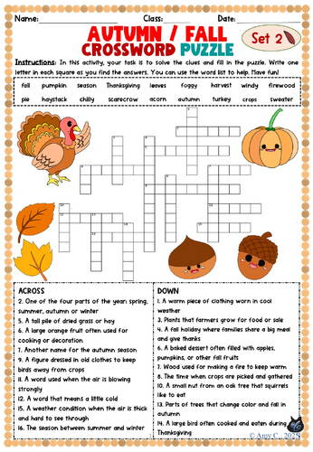 Autumn/Fall Differentiated Crossword Printables: Colour & B/W with Word ...