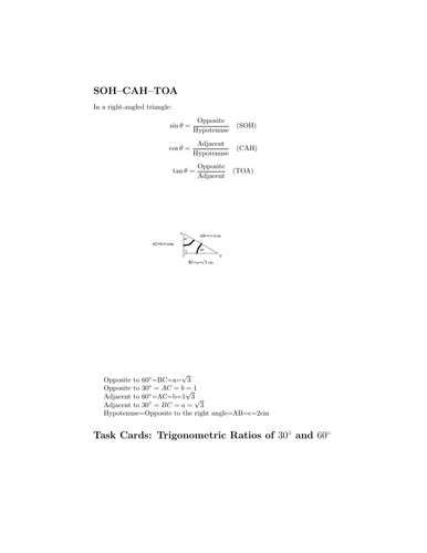 Task Cards: Trigonometric Ratios of 30 degrees   and 60 degrees