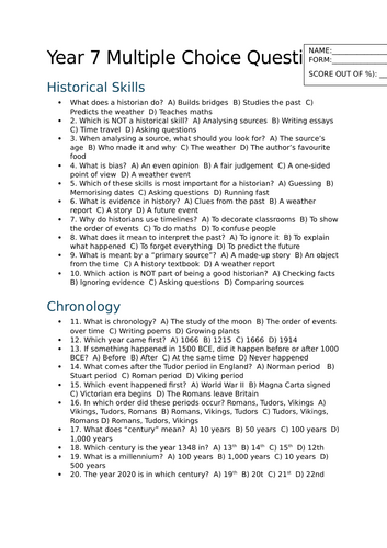 KS3 Baseline History Test - Chronology, Skills etc. 50 questions and ...
