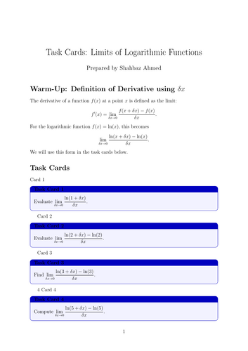 Task Cards: Limits of Logarithmic Functions