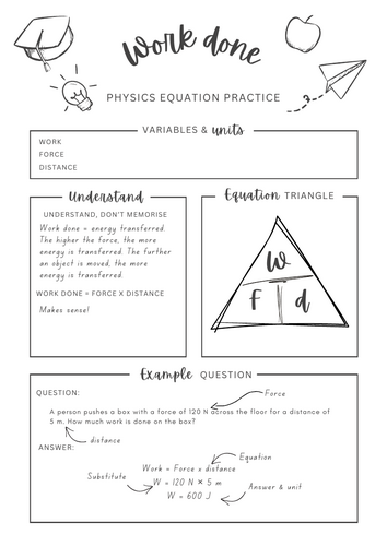 Work done equation - Physics equation worksheet