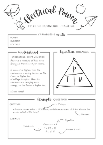Electrical Power P=IV equation - Physics equation worksheet