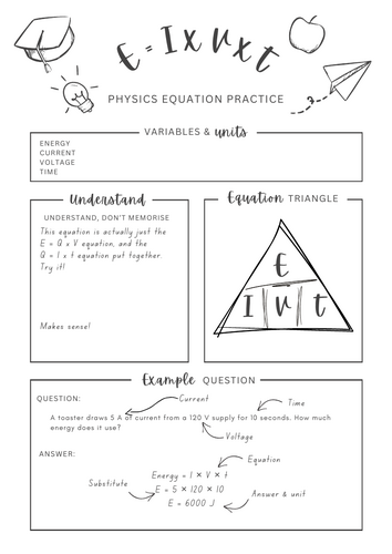 Electrical Energy E = IVt equation - Physics equation worksheet