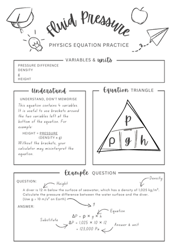 Fluid pressure P=density g height equation - Physics equation worksheet