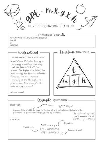 Gravitational Potential Energy GPE = mgh equation - Physics equation worksheet