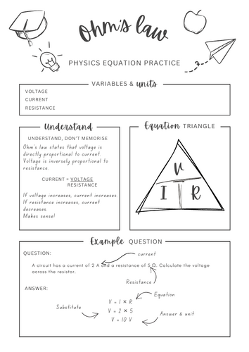Ohms law Voltage Current Resistance V=IR equation - Physics equation worksheet