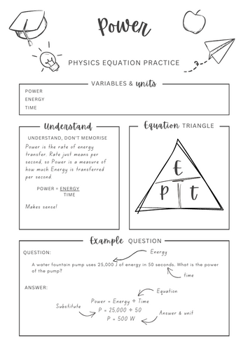 Power P = E/t equation - Physics equation worksheet