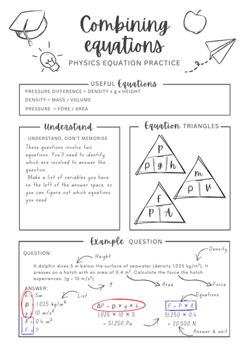 Combining Equations - Pressure, pressure difference, Density - Physics equation worksheet