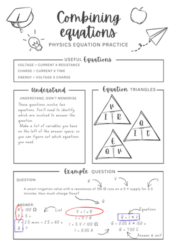 Combining equations V=IR, Q=IT, E=QV - Physics equation worksheet