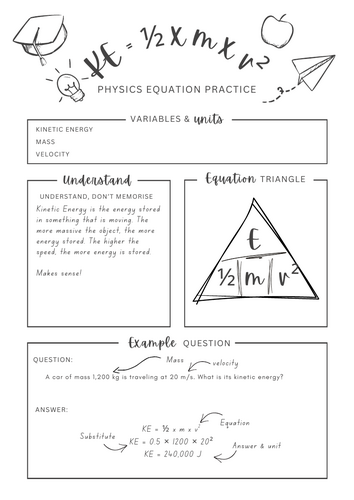Kinetic energy KE equation - Physics equation worksheet