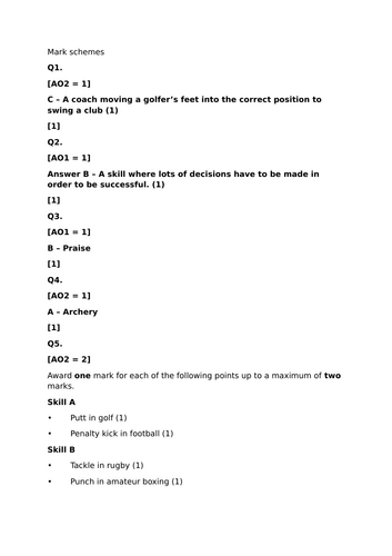 GCSE PE Sports Psychology End of Topic Test