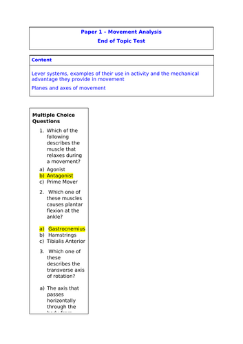 GCSE PE Movement Analysis End of Topic Test