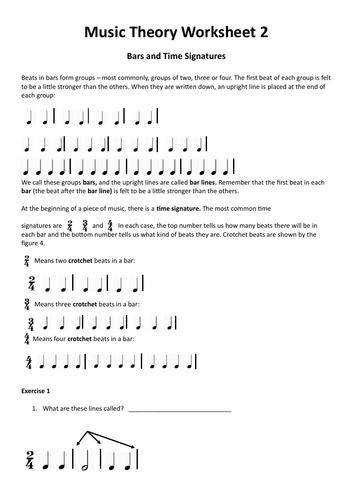 Music Theory Worksheet 2 - Bars and Time Signatures | Teaching Resources