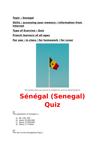 Topic : Sénégal (Senegal) / Francophonie, Quiz, for learners of French.