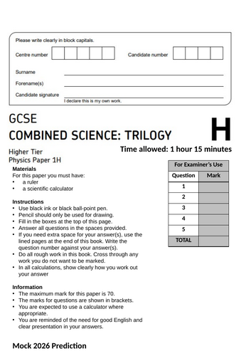 AQA P1 Combined Science Trilogy Mock Prediction 2026
