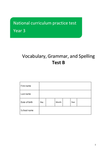 SPAG: Year 3 Vocabulary, Grammar and Punctuation Assessment TEST B ...