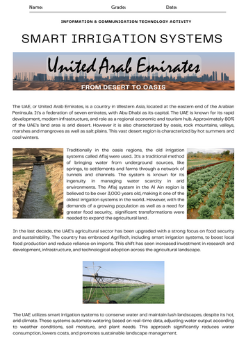 Cross Curriculum Comprehension - SMART Irrigation Systems - Desert to Oasis