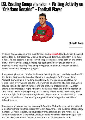 ESL Reading Comprehension + Writing Activity Worksheets - Cristiano ...
