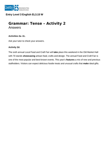 Entry Level 3 English Sow, Presentations, Worksheets and Answers ...